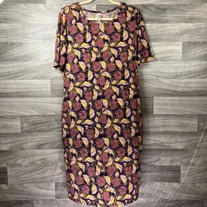 LulaRoe Dress Women Large Pink Yellow Floral Short Mid Sleeve Boho Hippie Modest